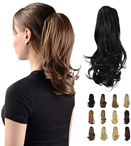 Sofeiyan 33cm Pferdeschwanzverlängerung Langer lockiger Pferdeschwanz Clip in Klaue Haarverlängerung Natürlich aussehendes synthetisches Haarteil für Frauen, aus Schwarz
