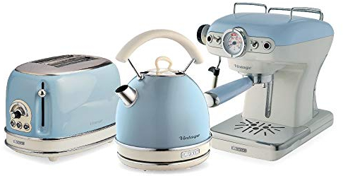 Ariete ARPK18 Retro Style Dome Kettle, 2 Slice Toaster and Espresso Machine Set, Vintage Design, Blue