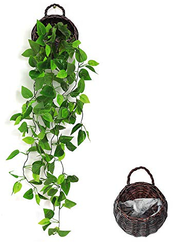 ANZOME Kunstpflanze Hängend Künstliche Pflanzen mit Holzkorb, Hängepflanze Künstlich Efeu Künstlich 107cm für Büro, Küche, Garten, Party Wanddekoration (Efeu)