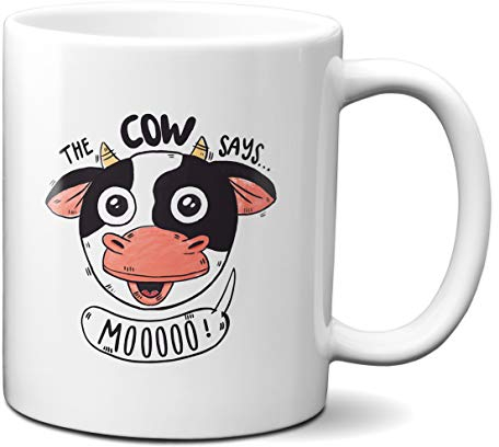 Planetacase - Taza Vaca Cow Says Moo - Tazas Alegres y Positivas para Niños y Familia - Diseño Alegre y Colorido - Porcelana Blanca 330 mL - Resistente a Microondas y Lavavajillas, Blanca, Cerámica