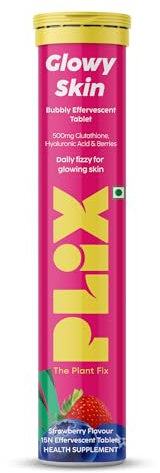 PLIX - THE PLANT FIX Glutathione Tablets with Vitamin C for Clear and Youthful Skin (Pack of 1, Strawberry) | 15 Collagen Supplements |500mg L-Glutathione, Vitamin E and Hyaluronic Acid