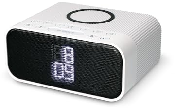 KSIX Despertador y Cargador inalámbrico WUAD, Altavoz Wireless, Radio FM. 10W Wireless, Qi Charger. Despertador Digital Doble Alarma, Color Blanco Brillo
