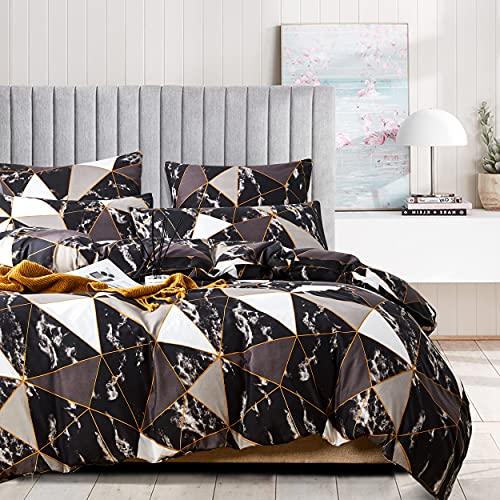 Damier Geometrische Bettwäsche 135x200cm 4 Teilig Schwarz Weiß Gold Marmor Dreiecke Muster Bettbezug Set mit Reißverschluss Weiche Mikrofaser Bettbezug und 2 Kopfkissenbezüge 80 x 80 cm