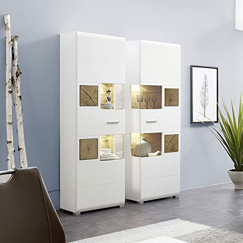 Lomadox Vitrine Set weiß mit Applikationen in Eiche Hirnholz Nb. und LED Beleuchtung, B/H/T, ca.: 145/205/37 cm