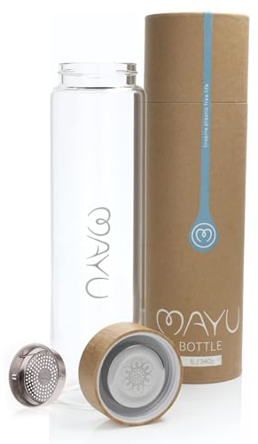 mayu Water Bottle with Bamboo Lid, Eco Friendly & BPA Free, Plastic Free Borosilicate Glass Bottle - Zero Leak Design - for Outdoor Picnic, Everyday Use and Non-Toxic Hydration | 1L, 34OZ