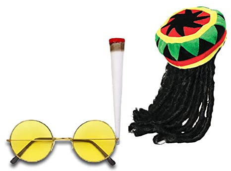 Bob Marley Rasta Hut mit Dreadlocks + Fake Prop + Gelbe Brille Rastafarian, Jamaikanischer Strand Karibik Verkleidung Kostüm Zubehör
