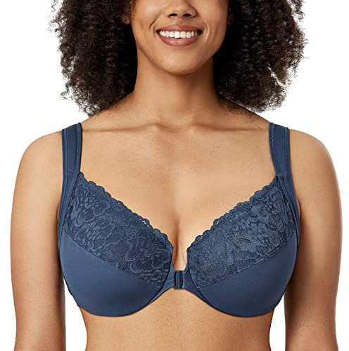 Delimira Women's Front Fastening Bras Unlined Lace Plus Size Support Underwire Sargasso 38C