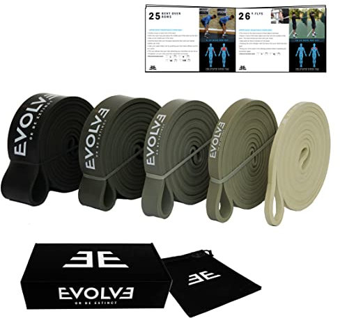 Evolve Resistance Bands 5 Level Set Pull up Assist, Natural Thick Latex Long Loop, Stretching Workout Home Gym Training Exercise Yoga Pilates Men Women Slimming eBooks and Videos Neutral Colours