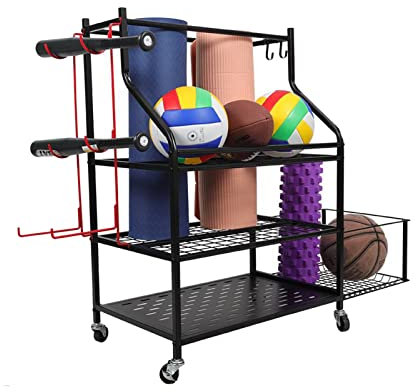 BELUND Yoga Mat Storage Racks, Home Gym Storage for Foam Roller, Dumbbells, Kettlebells, All in One Workout Equipment Storage Organizer with Hooks and Wheels,Stand Only