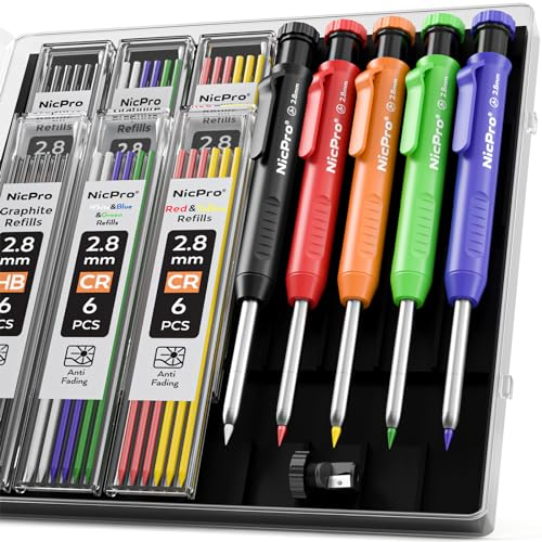 Nicpro Tieflochmarker Bleistift Set, 5 Solide Zimmermannsbleistifte mit 41 Minen, Bohrlochmarker Druckbleistift, Tischler Bleistift mit Eingebauter Spitzer für Holzbearbeitung, Baustelle mit Etui
