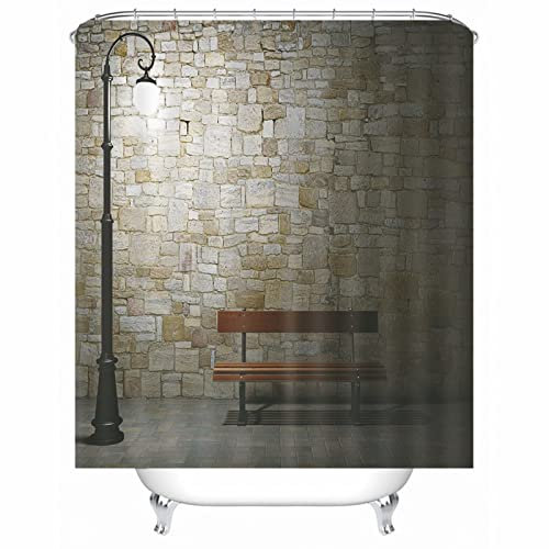 Hoisy Shower Curtains Anti Mold, Duschvorhang Waschbar Straßenlaterne-Wand-Holzstuhl Braun Größe 120X180CM
