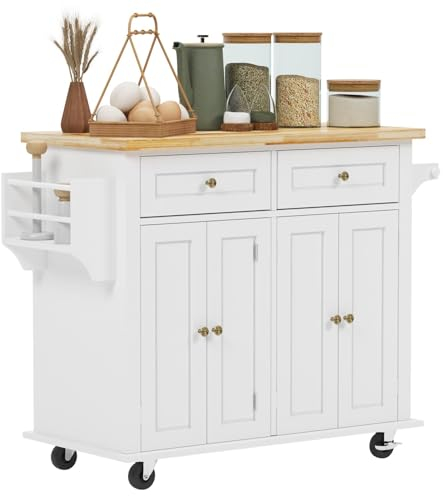 sogesfurniture Küchenwagen auf Rollen, bewegliche Kücheninsel mit Arbeitesplatte, Handtuchhalter und Gewürzregal, Küchenrollwagen Servierwagen mit 2 Schubladen und Schränke, 90x45x82.5cm