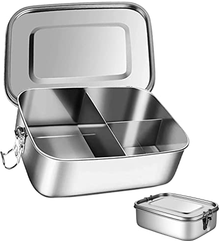 YANJIY Rechteckige Brotdose, Brotzeitdose Mit Trennwänd, Frischhaltedosen Auslaufsicher Edelstahl, Auslaufsicher Lunchbox, Brotdose Edelstahl 1000ml 3 Fächer, für Schule, Arbeit, Picknick (Silber)