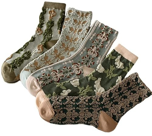 Aoguaro 5/10 Paar Damen-Socken mit Blumenmuster, Baumwolle, Vintage-Muster, Crew-Socken, bestickt, Blumenmuster, modische Socken