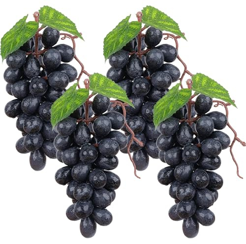 Meiwlong 4 Bunches Black Fake Grapes,Plastic Fake Fruit for Decoration