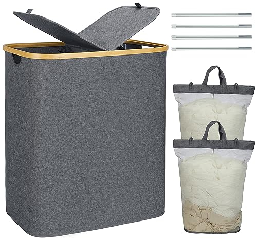 Wäschekorb mit Deckel, Bellzacasa 2 Fächer 140L Wäschebox mit Bambus Henkel&Herausnehmbaren Wäschesack, Faltbarer Wäschetonne Wäschesammler mit Deckel Wäschetruhe Wäschekörbe Laundry Baskets (Grau)