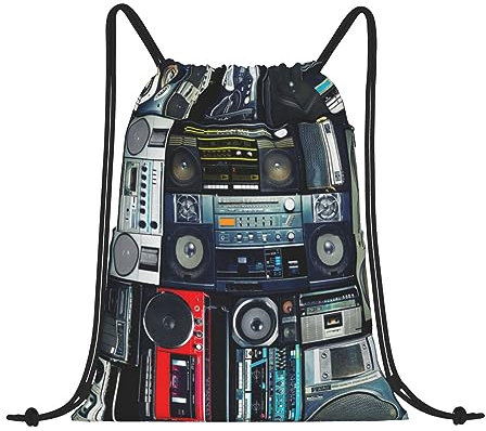 VACSAX Rucksack mit Kordelzug, Wasserfall, Naturlandschaftsdruck, Sportbeutel, Turnbeutel für Damen und Herren, Vintage Wand der Radio Boombox, One size