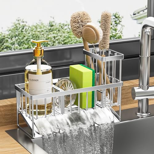 Cisily Sink Caddy Sponge Holder for Kitchen, 304 Stainless Steel, Rustproof, Kitchen Sink Caddy with High Brush Holder, Dish Sponge Organizer with Divider (Silver)