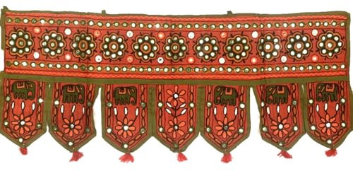 Original Kikan Elephant Handmade Tapestry Cotton Door Wall Hanging Ethnic Topper Toran Indian Window Valance (37 x14 Inches) (RED)