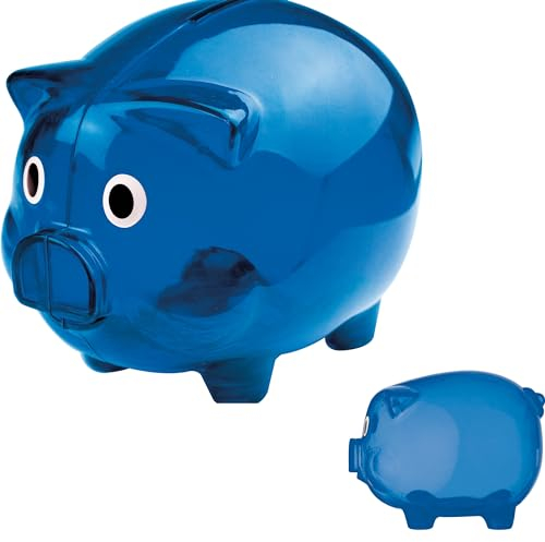 Grosses Transparentes Sparschwein aus Plastik Geschenkidee Sparen Spardose Moneybank Einzeln oder im Doppelset 12,5 x 10 x 10 cm Blau Rot Grün oder Transparent (1, Blau)