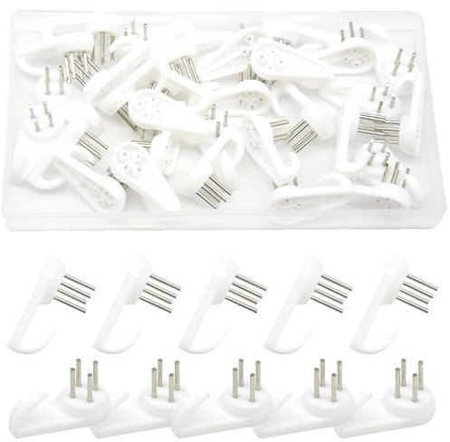 Yosawo 30 Pcs White Plastic & Steel Nail Picture Hooks (39MM/SL) for Hardwall Drywall Hanging Pictures, Clocks, Photo Frames, Mirrors