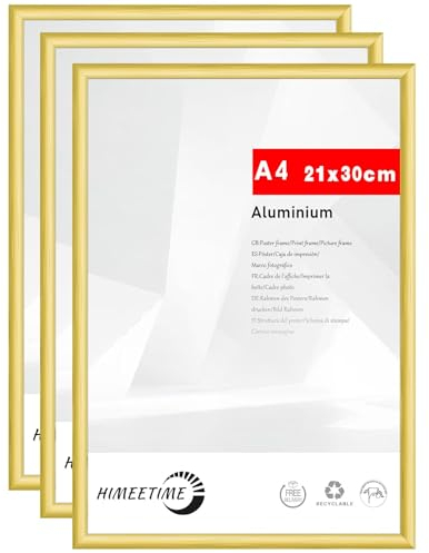 HIMEETIME® 3x Bilderrahmen A4 21x30 cm Gold Metall Rahmen,Dokumentenrahmen 21x29,7 cm Klein Collage,Metallrahmen Alu-Bilderrahmen Aluminium,Picture Frame A4 Fotorahmen