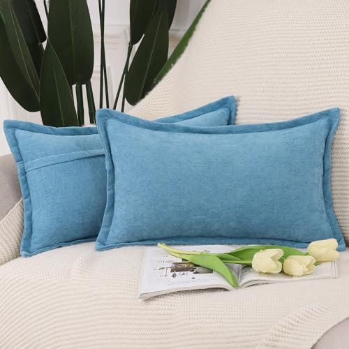 Madizz 2er Set Fransen Chenille Schlicht Zierkissenbezüge Modern Kissenbezug Kissenhülle Sofakissen Lendenkissen für Sofa Schlafzimmer Blau 40x60 cm