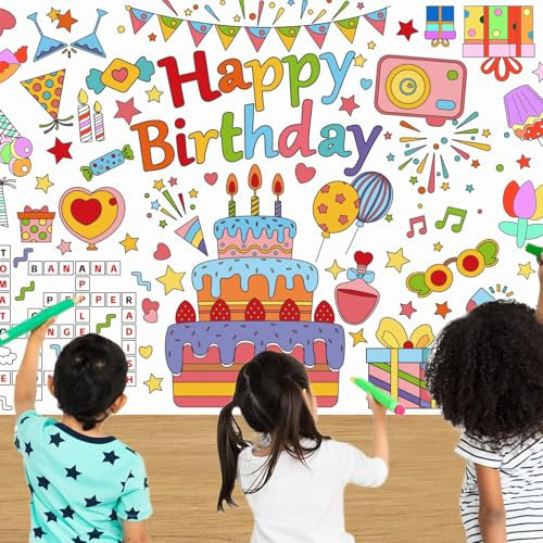 VARACL Riesiges Malposter, Happy Birthday-Tischdecke zum Ausmalen, 78 x 183 cm, Mehrfarbig, Cartoon, Geburtstag, Interaktives Ausmalerlebnis für Kinder 3-12 Jahre, innen und außen