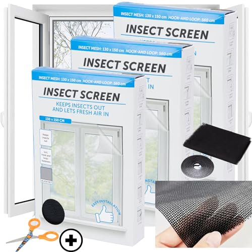 INSECT SCREEN- Zanzariera per finestra attacca e stacca STANDARD per Finestre porte - Rete per Zanzariera Regolabile a Piacere Zanzariera finestra adesiva - antracite, 130 cm x 150 cm universale (3)