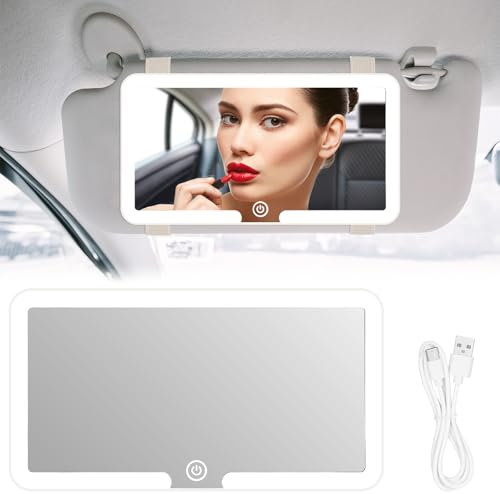 JIZZU Car Vanity Mirror with LED Lights, 3 Light Modes Vanity Light Car Mirror, Dimmable Touch Control Cars Sun Visor Mirrors, Portable Travel USB Charging Cars Cosmetic Mirrors(White)