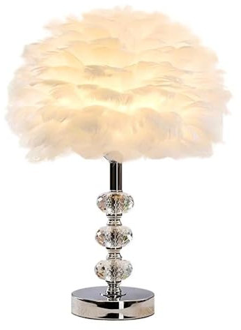 GUANSHAN Weiße Feder-Tischlampe mit Kristallstab-Basis, elegante Tischlampe mit Federlampenschirm, dekorative Nachttischbeleuchtung, Nachtlicht für Schlafzimmer, Wohnzimmer