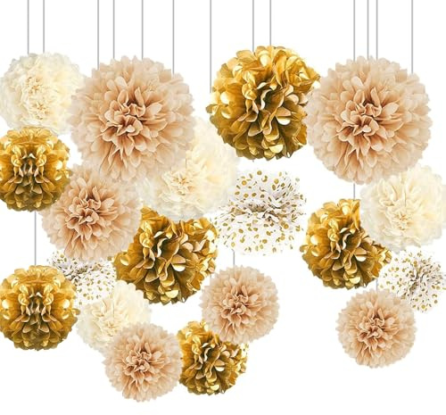 Champagne Tissue Paper Pom Poms, 20 Pcs Neutral Party Decorations | Gold Whitetissue Paper Pompoms, Hanging Gold Cream Paper Pom Poms for Baby Shower Boho Bridal Wedding Theme Decor