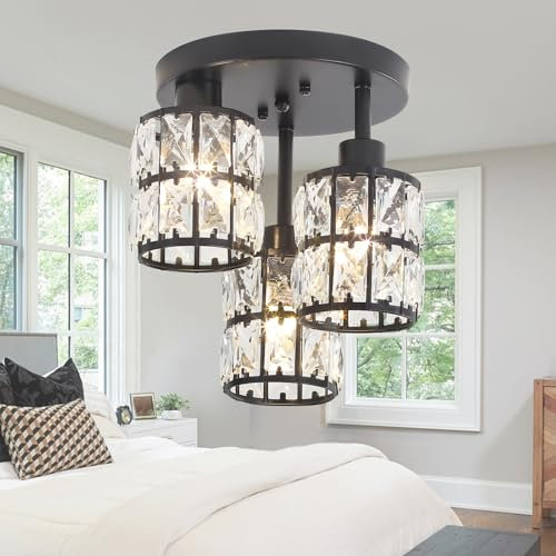 JHLBYL Kristall-Deckenleuchte 3-Flammig, Industrieller schwarzer Kronleuchter mit Metall-Kristallschirm, moderne halb bündig montierte Deckenleuchte mit E27 Sockel, schwarze Deckenleuchte