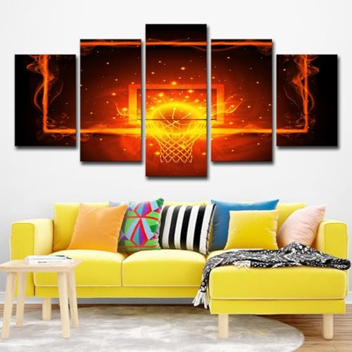 Patrón de arte de rebote del aro de baloncesto del fuego 5 piezas de pinturas en lienzo HD Ancho total*alto total: 100*55 cm para dormitorio habitación niños sala estar decor paredes dormitorio