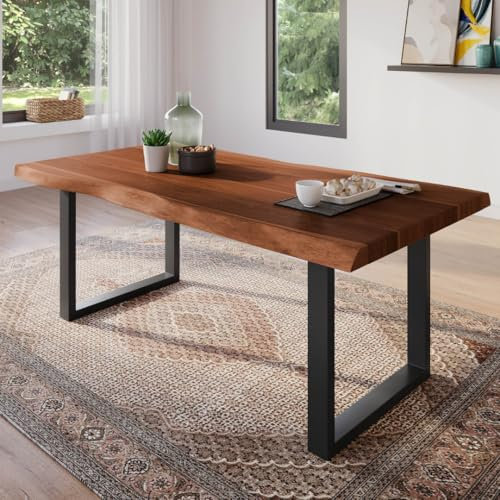 trelevo Esszimmertisch 180x90 cm, Akazienholz massiv, Tischplatte nussbaumfarben, echte Baumkante, U-Gestell schwarz, Baumkantentisch