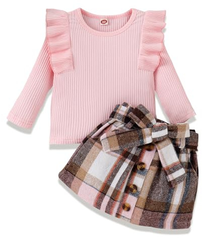 HPSOM Set di vestiti per bambini e bambine, a costine, a maniche lunghe, con papillon a quadretti, 2 pezzi, primavera autunno, Colore: rosa., 4-5 Jahre