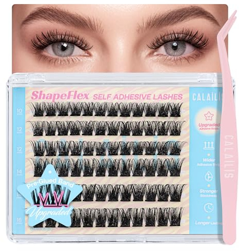 CALAILIS Selbstklebende Wimpern Extensions, 72Pcs D Curl Wispy Wimpern Selbstklebend Press on Lashes No Glue Needed Pre Kleber Wimperns Mit Pinzette (ZN23X)