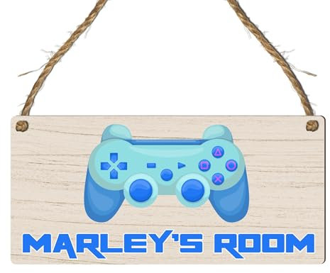 Custom Kids Room Name Plaque | Personalised Boys Bedroom Sign | Wooden Hanging Door Sign | Car Theme or Gaming Controller Gamer Design (Blue Controller)