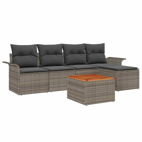 vidaXL 6-teiliges Gartensofa-Set mit Kissen in Grau aus Poly-Rattan und Akazie. Wetterfestes Outdoor-Möbel für die Terrasse. Modulares, vielseitiges Sofa für entspannte Stunden.