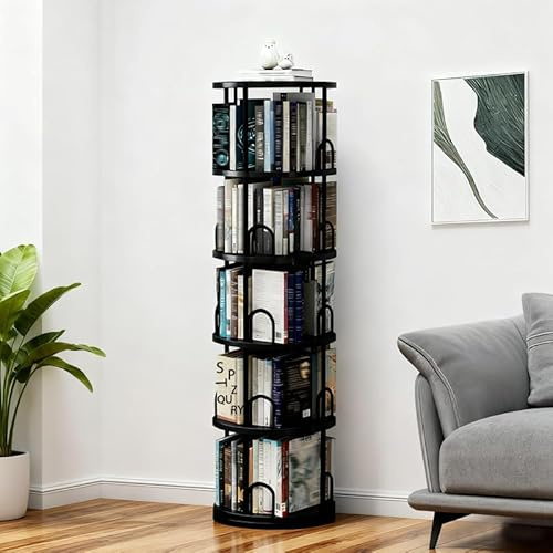 Weiß Drehbares Bücherregal 5 Ebenen, Großes Massivholz Drehregal Bringen Leitplanke aus Metallrohr, 360° Multifunktionales rund Standregal Lagerregal für Schlafzimmer Kinderzimmer (Schwarz, 5 Ebenen)