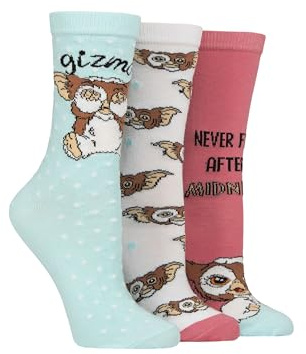 SockShop Women’s Gremlins Gizmo Cotton Socks – 3 Pack Crew Length Character Design, Soft Breathable Gift Idea for Fans of 80s Movies, Casual Fit Size 4–8