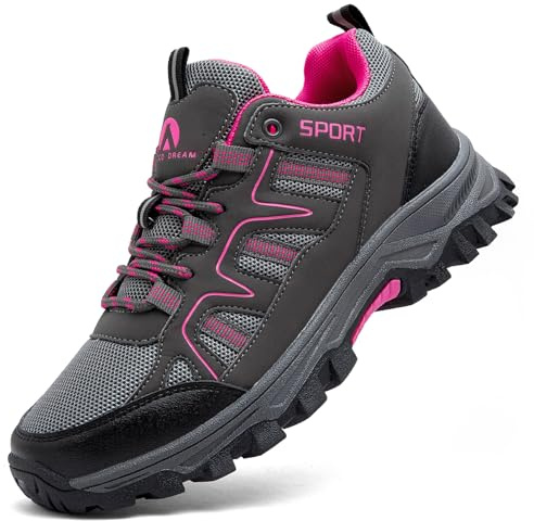 ASOCO DREAM Zapatillas de Senderismo para Hombre Zapatillas de Trekking Transpirable Antideslizante Zapatos de Montaña,Gris Rosa,38 EU