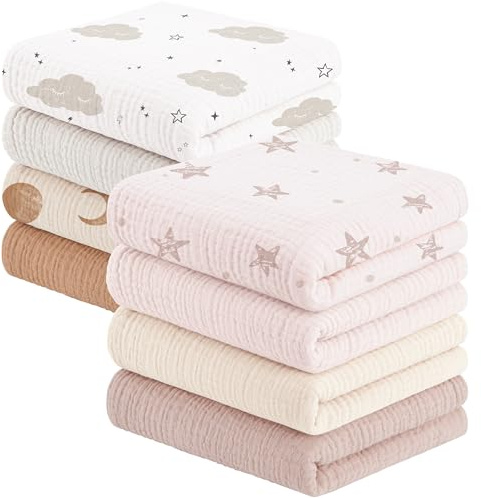 Susurration Mulltücher Baby Spucktücher,8er-Pack 100% Baumwolle Spucktücher Baby für Jungen und Mädchen, Weich, Atmungsaktiv und Extrem Saugfähig Musselin 60x60cm(Rosa-Braun)
