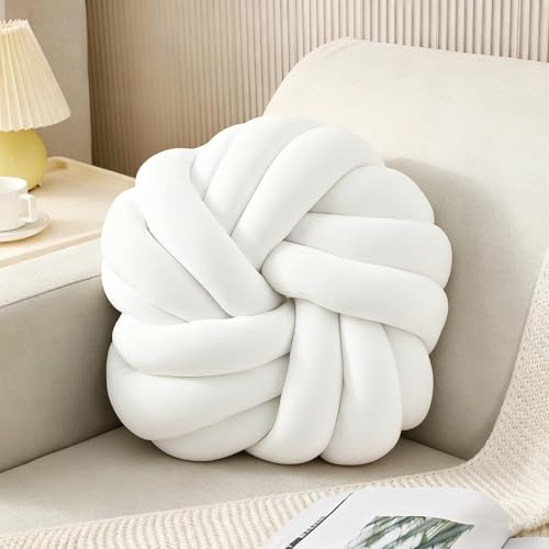 Knotenkissen, 35cm Geknotetes Wurfkissen, Handgewebte knot pillow, Knotenkugelkissen, Runde Knoten Dekokissen, Ballkissen, Plüsch Ball Knoten Kissen, Knotbugelwurf Kissen für Home Decoration, Weiß
