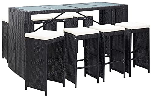 Tonture 9-TLG. Gartenbar-Set Poly Rattan Schwarz, Bartisch mit 8 Barhockern, Outdoor Patio Möbel für Terrasse, Balkon, wasserfestes PE-Rattan, Cremeweiße Kissen, 200x80x110 cm
