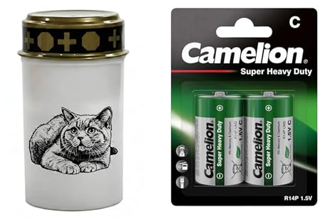 Fachhandel Plus LED Grablicht Katze, batteriebetriebenes Gedenklicht mit flackernder LED Flamme als sicherer Grabschmuck für Tiergrab und Gedenkplatz - ewiges Licht (Weiß, Karthäuser)