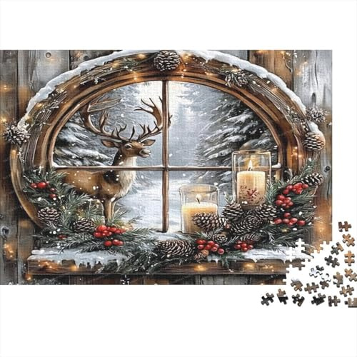 Cerf de la vitrine de Noël Puzzle 1000 Pièces Papier recyclé pour Adultes Puzzle pour Adultes Jeu éducatif avec défi Activité Amusante pour la Maison Excellente idée Cadeau 52x38cm/1000pcs