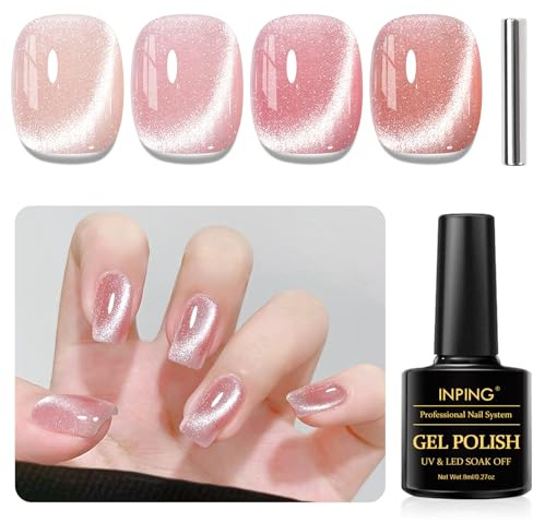 INPING UV Cat Eye Gel Nail Polish, Pink Sparkle 4 Colors Magnetic Set 8ML | Sparkle Glitter Nail Varnish Holographic Glitter Magnetic Gel Polish, for Nail Art Salon DIY