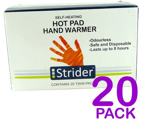 PACK 20 STRIDER NATURAL SELF HEATING HOT PAD TWIN HAND WARMER - IDEAL FOR SPORTSMEN, ATHLETES, GOLFERS, CAMPERS AND OUTDOOR WORKERS