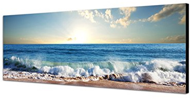 Wandbild auf Leinwand als Panorama in 150x50cm Meer Strand Wellen Sonnenuntergang Wolken